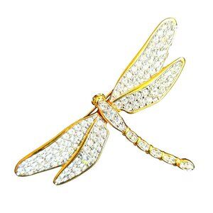 Swarovski Large Dragonfly Gold Tone & Crystal Statement Brooch Vintage 1990s 3"w